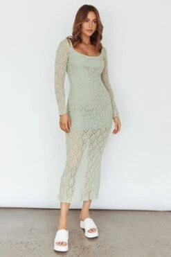 Happy Place Long Sleeve Crochet Midi Dress Sage -Trend Whisper CM6060D 20SAGE 2