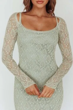 Happy Place Long Sleeve Crochet Midi Dress Sage -Trend Whisper CM6060D 20SAGE 4