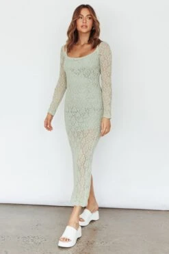 Happy Place Long Sleeve Crochet Midi Dress Sage -Trend Whisper CM6060D 20SAGE 5