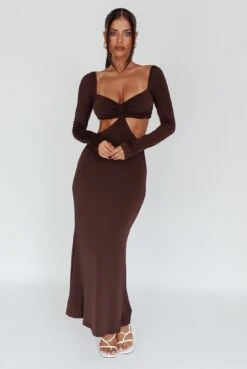 Vienna Long Sleeve Cut-Out Waist Maxi Dress Chocolate -Trend Whisper CM6078D 20CHOCOLATE 2