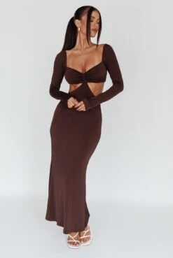 Vienna Long Sleeve Cut-Out Waist Maxi Dress Chocolate -Trend Whisper CM6078D 20CHOCOLATE 4