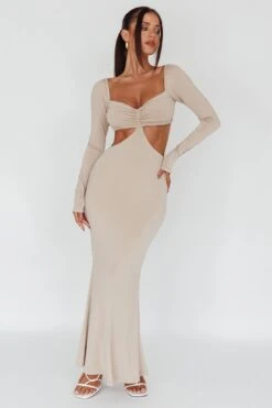 Vienna Long Sleeve Cut-Out Waist Maxi Dress Oat -Trend Whisper CM6078D 20OAT 2