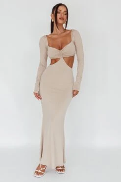 Vienna Long Sleeve Cut-Out Waist Maxi Dress Oat -Trend Whisper CM6078D 20OAT 4