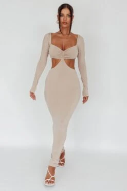 Vienna Long Sleeve Cut-Out Waist Maxi Dress Oat -Trend Whisper CM6078D 20OAT 5