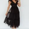 Amal Ruffle Shoulder Tulle Midi Dress Black