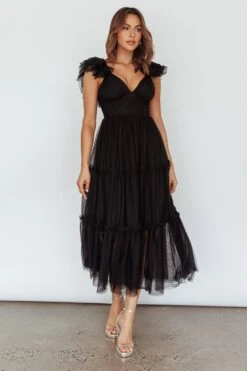 Amal Ruffle Shoulder Tulle Midi Dress Black -Trend Whisper CM6083H 20BLACK 2
