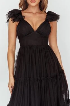 Amal Ruffle Shoulder Tulle Midi Dress Black -Trend Whisper CM6083H 20BLACK 4