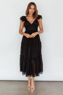 Amal Ruffle Shoulder Tulle Midi Dress Black -Trend Whisper CM6083H 20BLACK 5