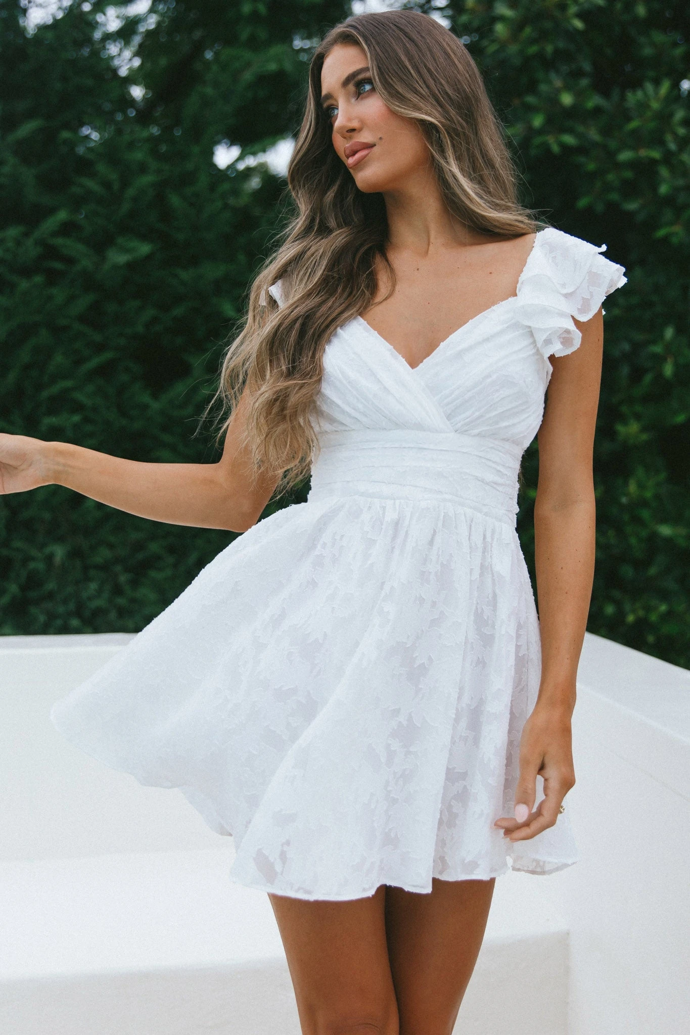 Lola Ruffle Shoulder Ruched Dress Textured White 6 Lola Ruffle Shoulder Ruched Dress Textured White - Image 6