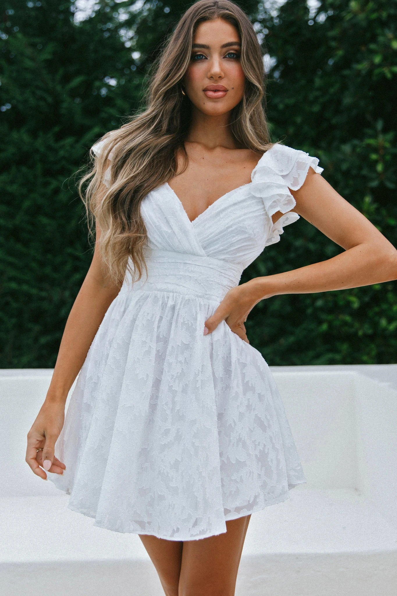 Lola Ruffle Shoulder Ruched Dress Textured White 8 Lola Ruffle Shoulder Ruched Dress Textured White - Image 8