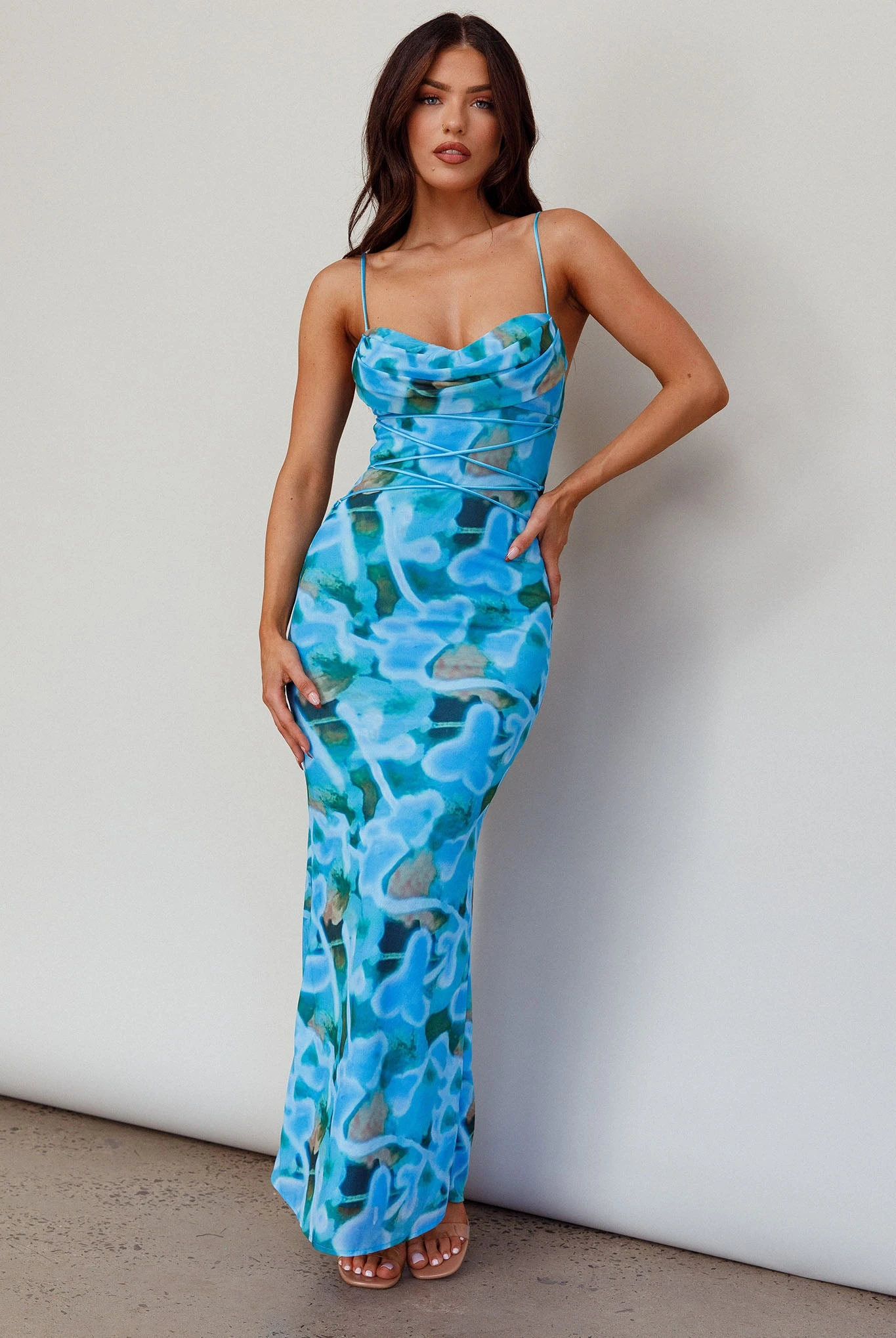 Teava Laced Waist Midi Dress Abstract Blue Crush 3 Teava Laced Waist Midi Dress Abstract Blue Crush - Image 3