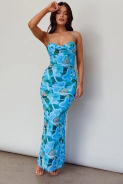 Teava Laced Waist Midi Dress Abstract Blue Crush 9 Teava Laced Waist Midi Dress Abstract Blue Crush -Trend Whisper ME0196D 20BLUE 20CRUSH 5