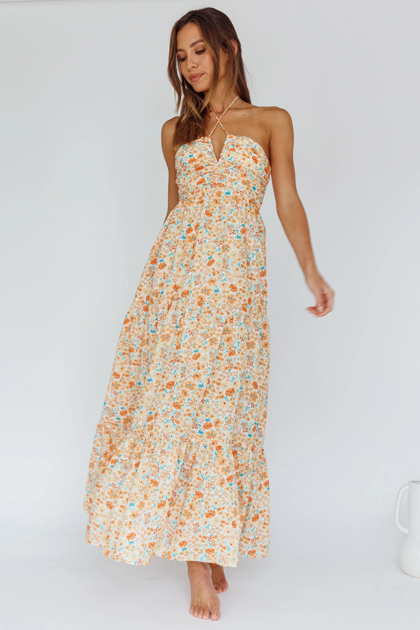 Asiah Halterneck Maxi Dress Flowers Orange 1 Asiah Halterneck Maxi Dress Flowers Orange