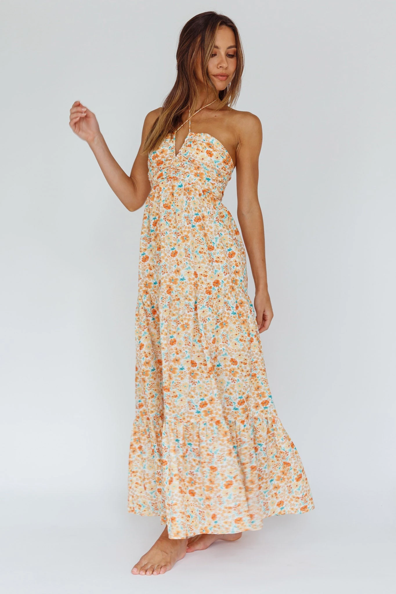 Asiah Halterneck Maxi Dress Flowers Orange 3 Asiah Halterneck Maxi Dress Flowers Orange - Image 3