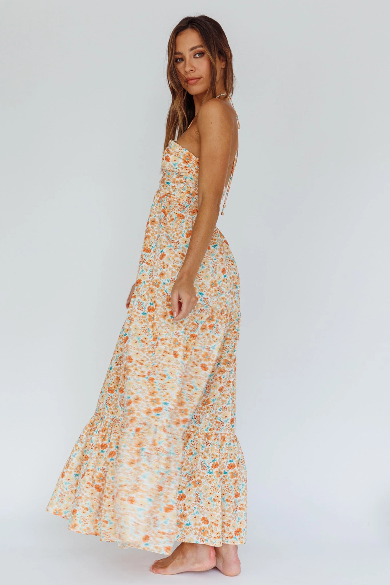 Asiah Halterneck Maxi Dress Flowers Orange 2 Asiah Halterneck Maxi Dress Flowers Orange - Image 2