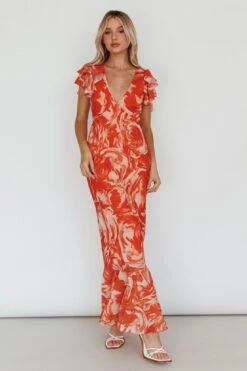 Lydiah Ruffle Sleeve Maxi Dress Floral Orange -Trend Whisper SN0104D 20ORANGE 2