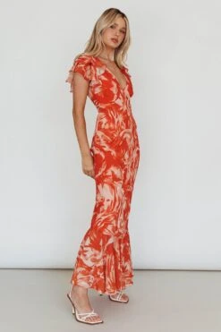Lydiah Ruffle Sleeve Maxi Dress Floral Orange -Trend Whisper SN0104D 20ORANGE 6