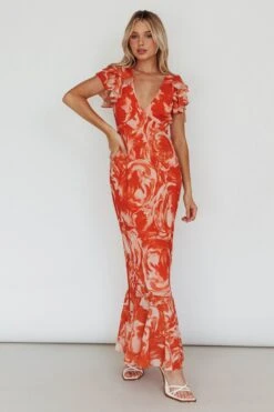 Lydiah Ruffle Sleeve Maxi Dress Floral Orange -Trend Whisper SN0104D 20ORANGE 7
