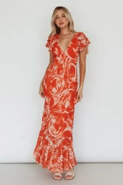 Lydiah Ruffle Sleeve Maxi Dress Floral Orange -Trend Whisper SN0104D 20ORANGE 8