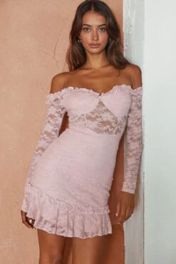 Dove Off-Shoulder Frill Trim Lace Mini Dress Pink 9 Dove Off-Shoulder Frill Trim Lace Mini Dress Pink -Trend Whisper SR0118BPINK 3