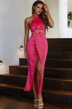 Night Breeze Halterneck Diamante Midi Dress Hot Pink -Trend Whisper SR0786H 20HOT 20PINK 8