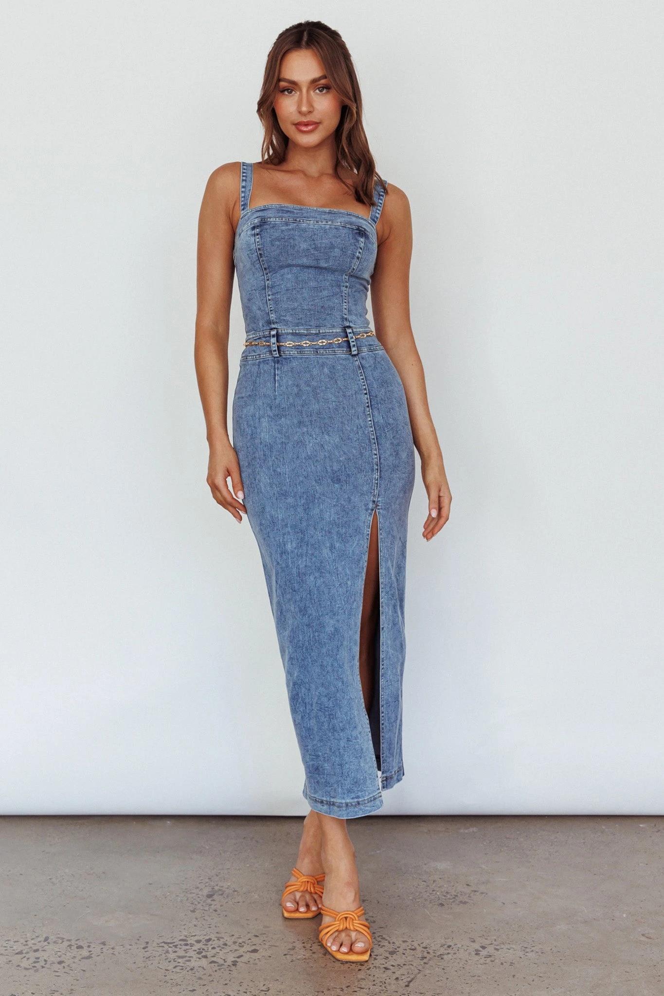 Onyx Thigh Split Midi Dress Denim 1 Onyx Thigh Split Midi Dress Denim