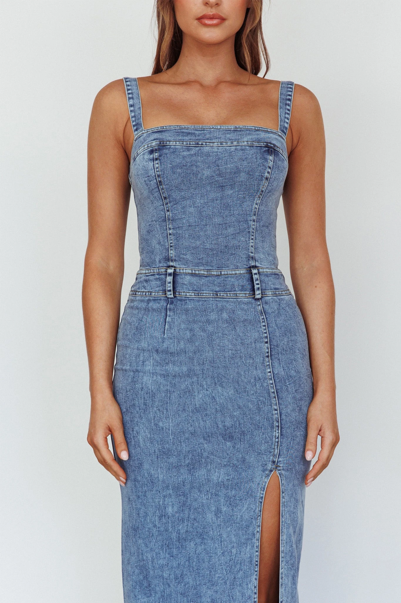Onyx Thigh Split Midi Dress Denim 4 Onyx Thigh Split Midi Dress Denim - Image 4
