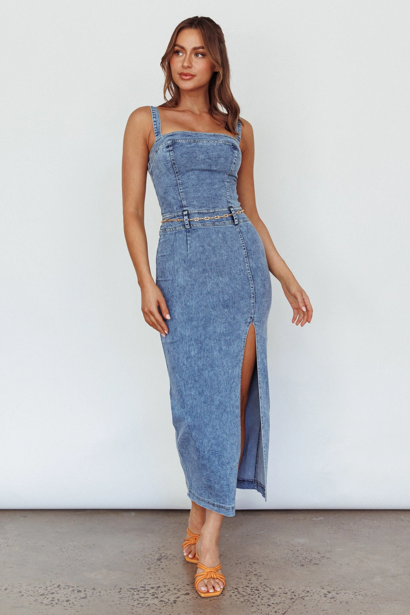 Onyx Thigh Split Midi Dress Denim 8 Onyx Thigh Split Midi Dress Denim - Image 8
