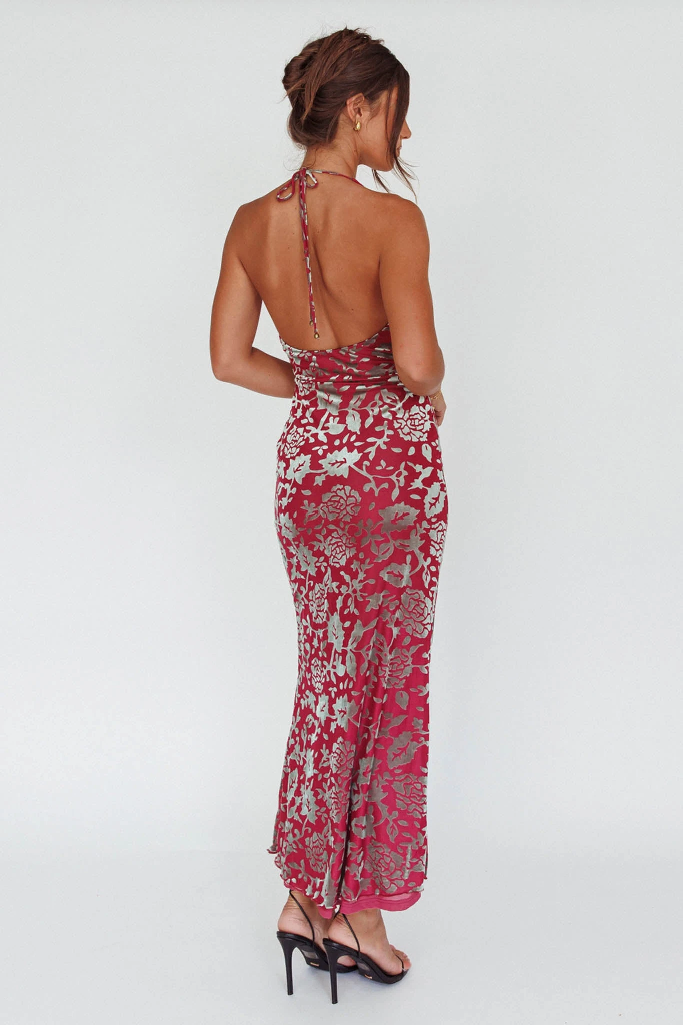 Byzantine Cowl Halterneck Midi Dress Floral Wine 2 Byzantine Cowl Halterneck Midi Dress Floral Wine - Image 2