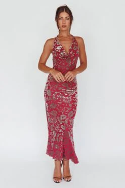 Byzantine Cowl Halterneck Midi Dress Floral Wine 11 Byzantine Cowl Halterneck Midi Dress Floral Wine -Trend Whisper SR0851J 20WINE 5