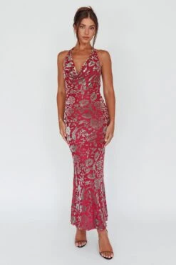 Byzantine Cowl Halterneck Midi Dress Floral Wine 13 Byzantine Cowl Halterneck Midi Dress Floral Wine -Trend Whisper SR0851J 20WINE 7