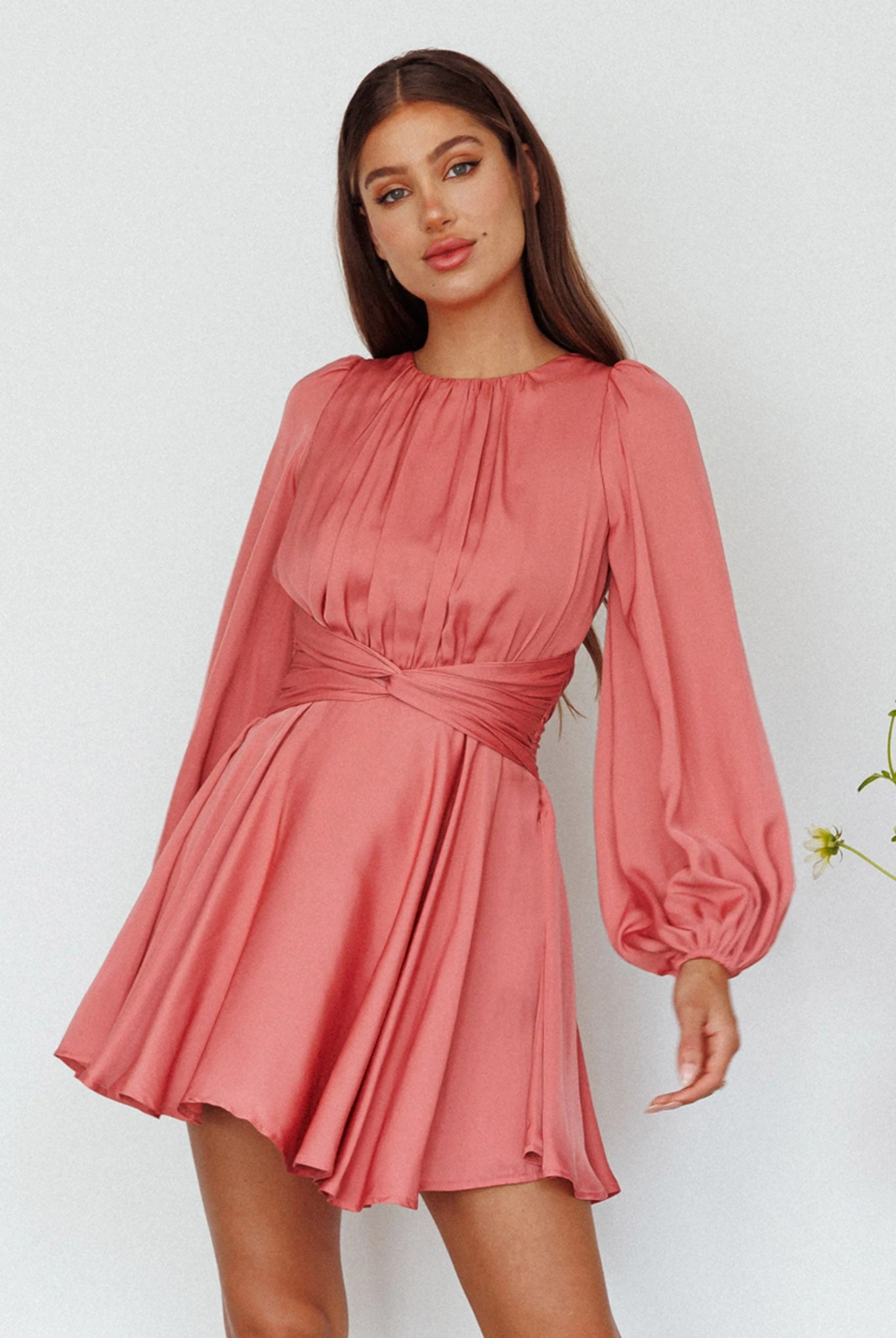 Leia Long Sleeve Waist Tie Mini Dress Rose 1 Leia Long Sleeve Waist Tie Mini Dress Rose