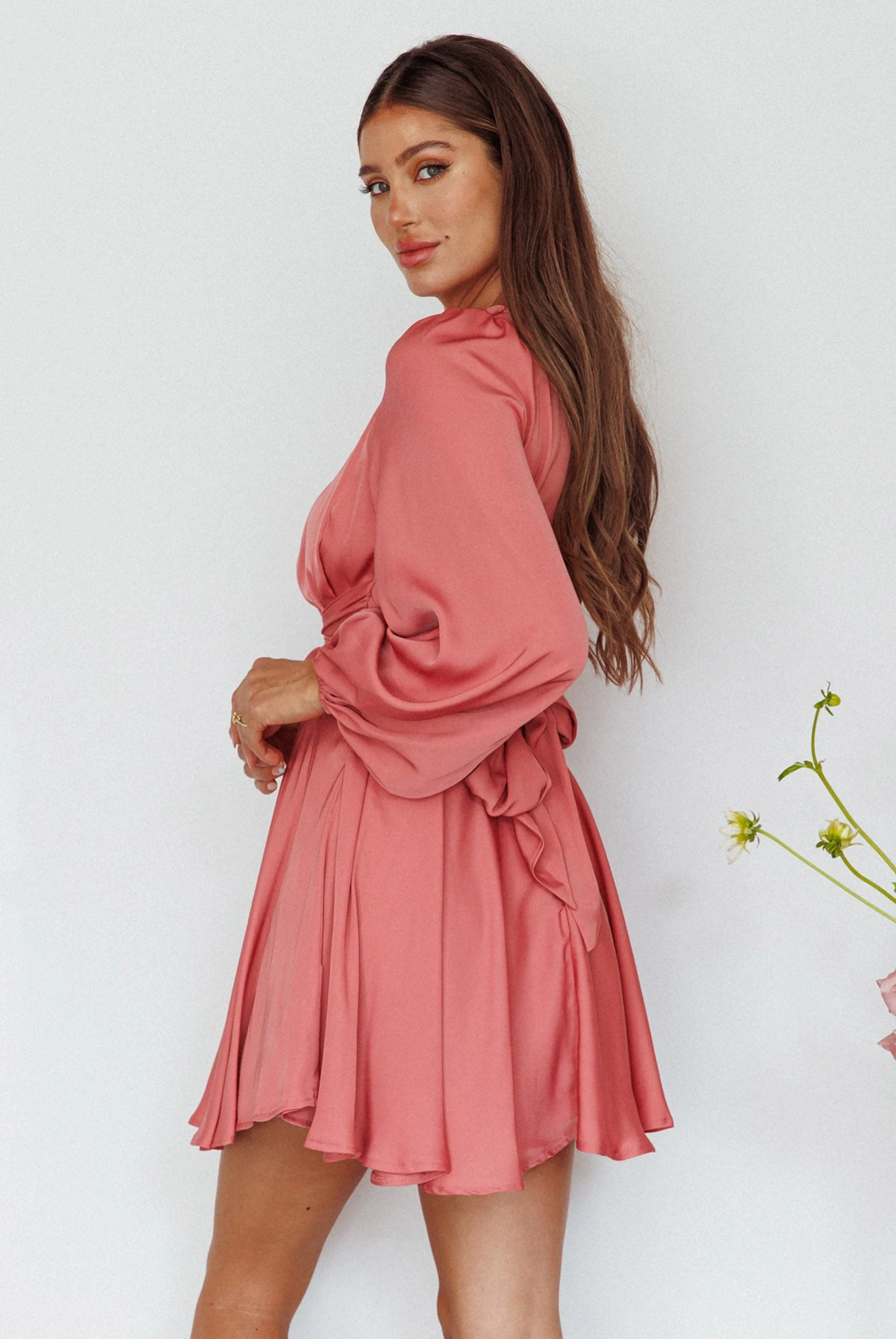 Leia Long Sleeve Waist Tie Mini Dress Rose 2 Leia Long Sleeve Waist Tie Mini Dress Rose - Image 2