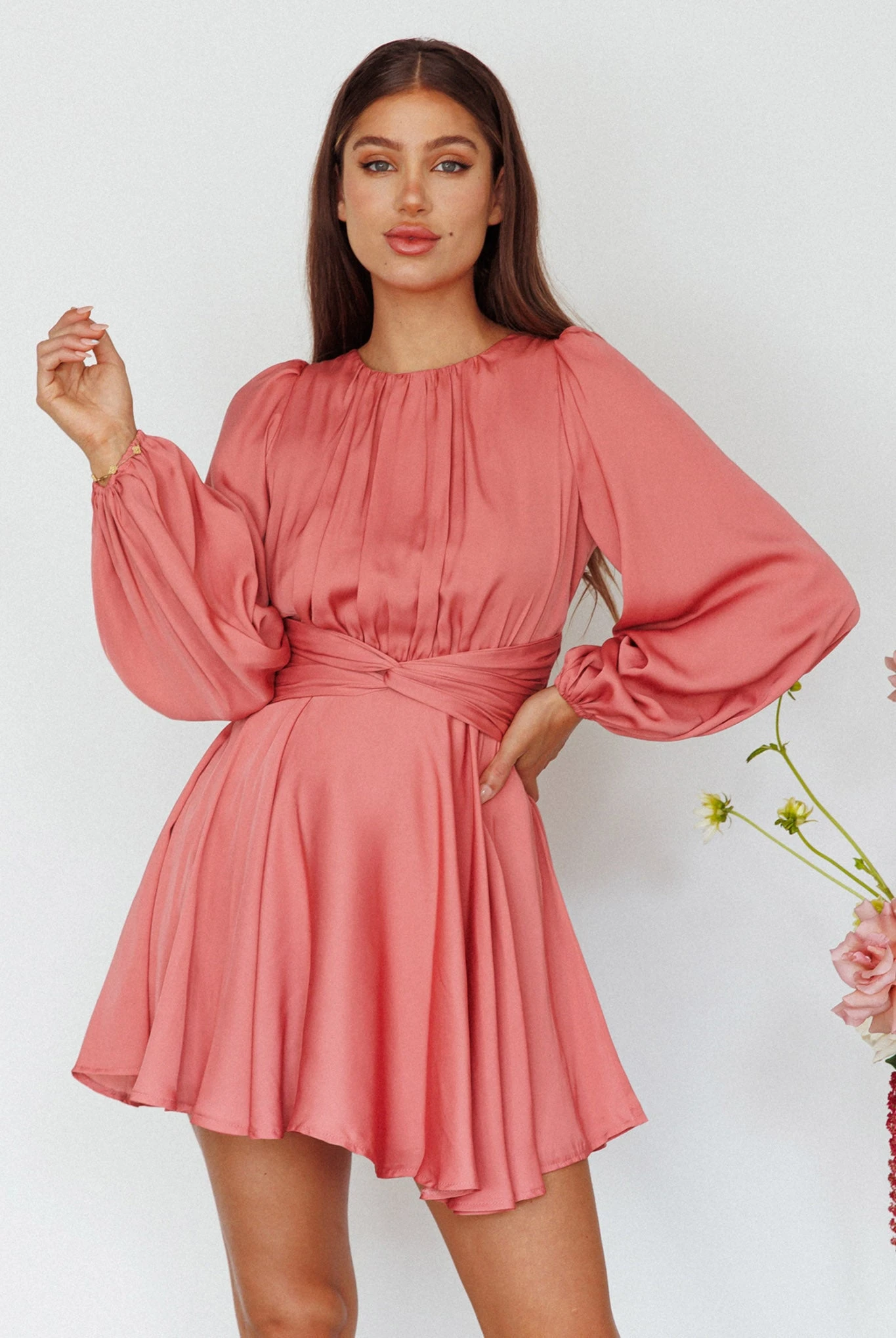 Leia Long Sleeve Waist Tie Mini Dress Rose 5 Leia Long Sleeve Waist Tie Mini Dress Rose - Image 5