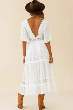 Indio Crochet Insert Deep V-Neckline Angel Sleeve Maxi Dress White 9 Indio Crochet Insert Deep V-Neckline Angel Sleeve Maxi Dress White -Trend Whisper ST0491B02 WHITE 2
