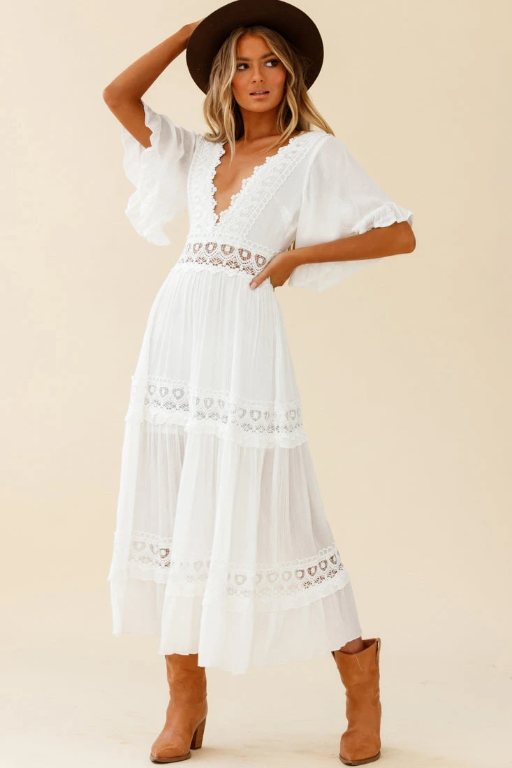 Indio Crochet Insert Deep V-Neckline Angel Sleeve Maxi Dress White 4 Indio Crochet Insert Deep V-Neckline Angel Sleeve Maxi Dress White - Image 4