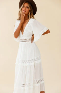 Indio Crochet Insert Deep V-Neckline Angel Sleeve Maxi Dress White 12 Indio Crochet Insert Deep V-Neckline Angel Sleeve Maxi Dress White -Trend Whisper ST0491B02 WHITE 6