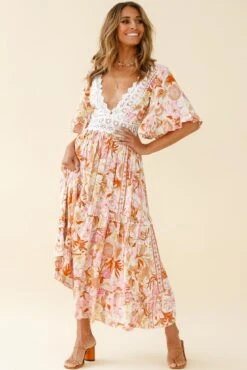 Indio Crochet Insert Deep V-Neckline Angel Sleeve Maxi Dress Floral Print Pink -Trend Whisper ST0491B06 PINK MULTI 2