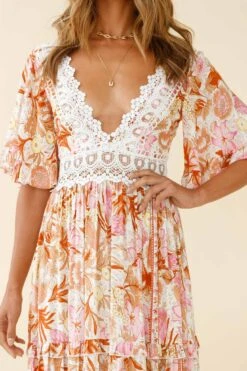 Indio Crochet Insert Deep V-Neckline Angel Sleeve Maxi Dress Floral Print Pink -Trend Whisper ST0491B06 PINK MULTI 4