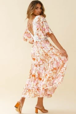 Indio Crochet Insert Deep V-Neckline Angel Sleeve Maxi Dress Floral Print Pink -Trend Whisper ST0491B06 PINK MULTI 5