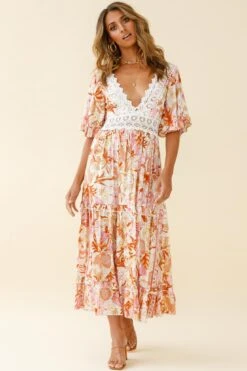 Indio Crochet Insert Deep V-Neckline Angel Sleeve Maxi Dress Floral Print Pink -Trend Whisper ST0491B06 PINK MULTI 7