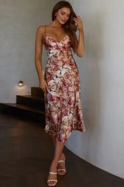 Downtown Cami Strap Front Split Midi Dress Abstract Rose