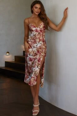 Downtown Cami Strap Front Split Midi Dress Abstract Rose -Trend Whisper ST2099B14 20ROSE 2