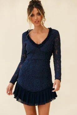 Isabella Long Sleeve Open Back Lace Dress Navy