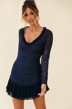 Isabella Long Sleeve Open Back Lace Dress Navy 11 Isabella Long Sleeve Open Back Lace Dress Navy -Trend Whisper ST2404D NAVY 5