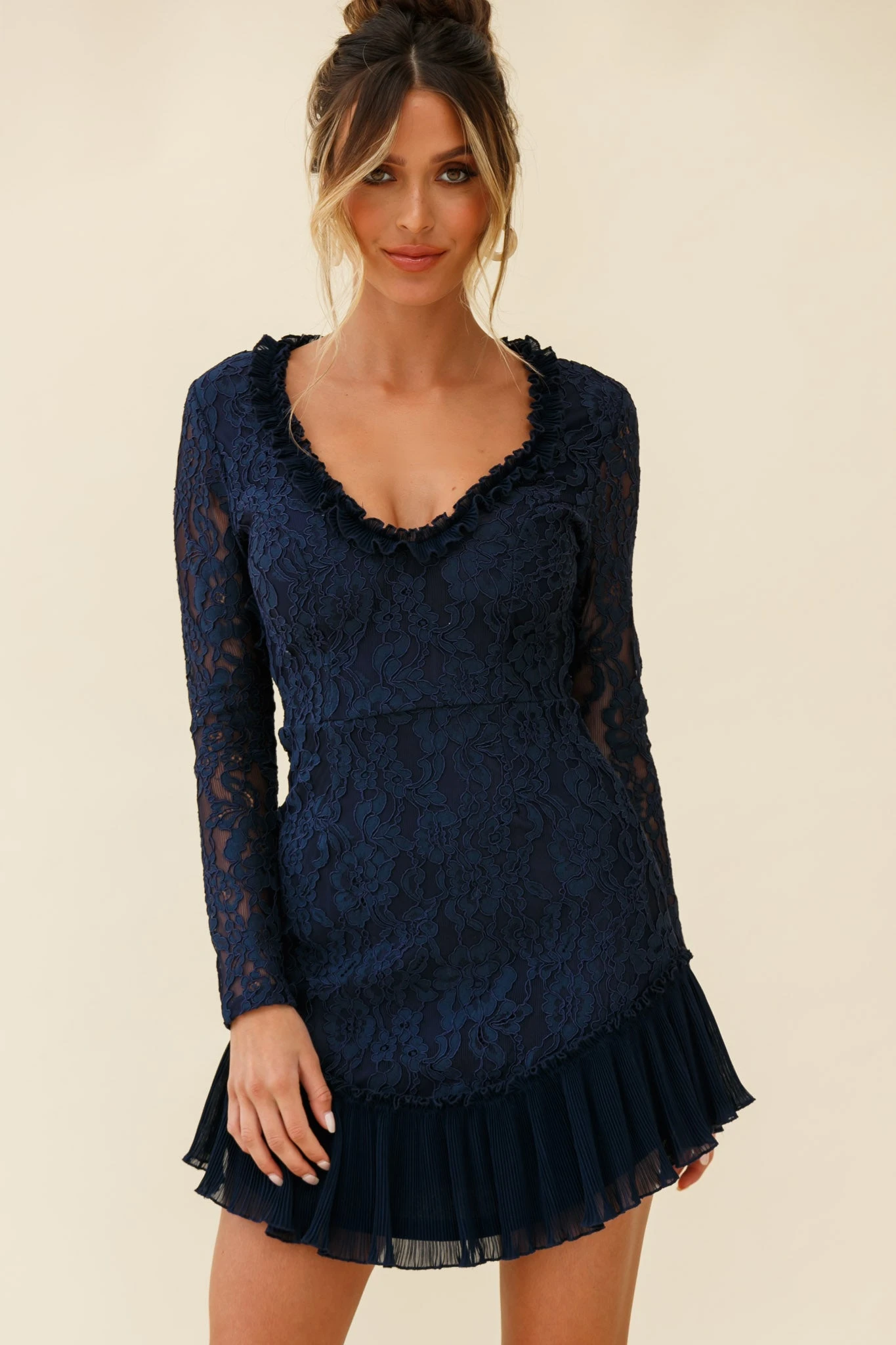 Isabella Long Sleeve Open Back Lace Dress Navy 5 Isabella Long Sleeve Open Back Lace Dress Navy - Image 5