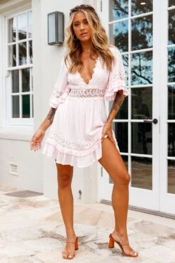 Kauai V-Neckline Crochet Lace Trim Dress Pink -Trend Whisper ST2677B PINK 5