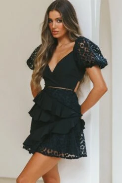 Taurus Floral Embroidery Puff Sleeve Dress Black -Trend Whisper ST2688D01 20BLACK 6