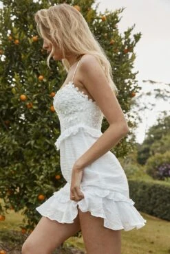 Jamila Floral Lace Bodice Frill Detail Mini Dress White -Trend Whisper ST2748D WHITE 8