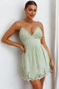 Lovers Lane Lace Trim Tied Strap Dress Avocado -Trend Whisper ST2778D02 20AVOCADO 4